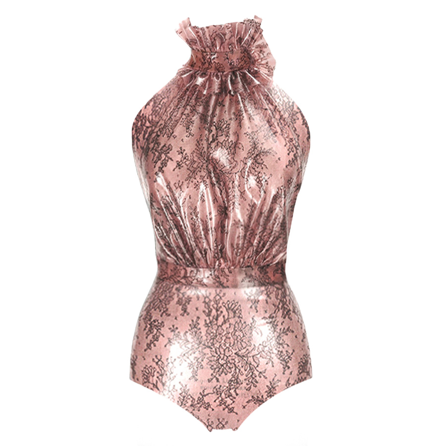 Atsuko Kudo  Latex-Drama Frill Bodysuit in Supatex Semi-Transparent Pink Lace