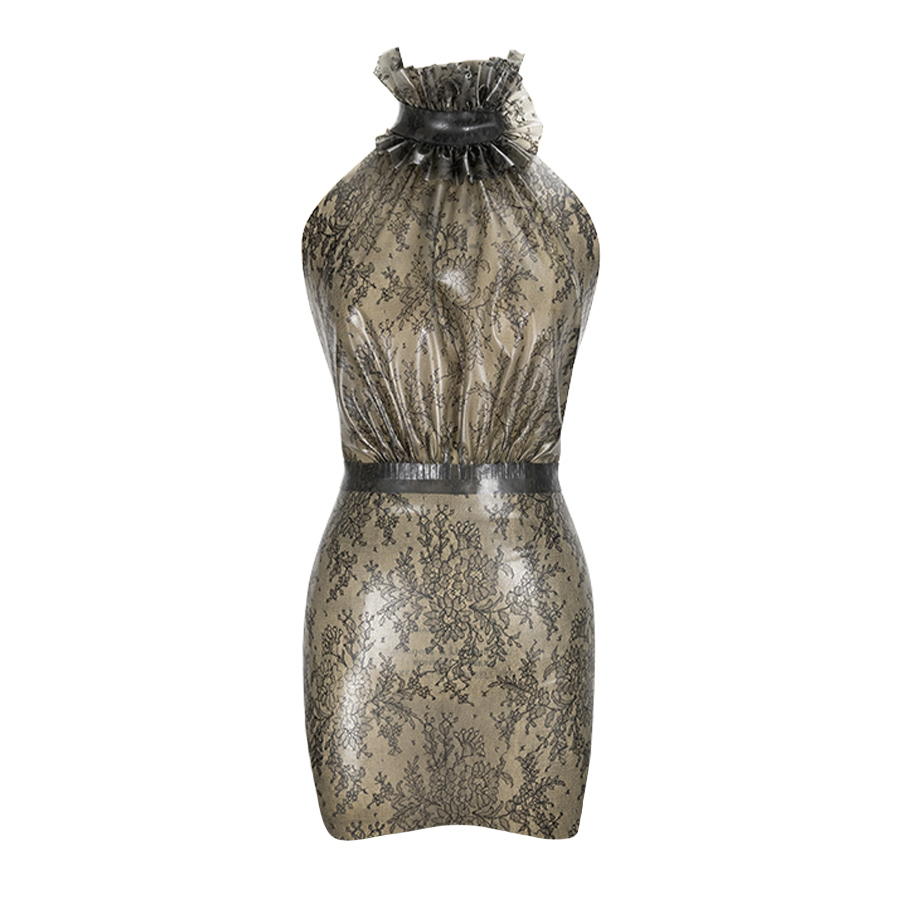 Atsuko Kudo Latex Drama Frill Mini Dress in Semi-Transparent Cloud Grey Lace
