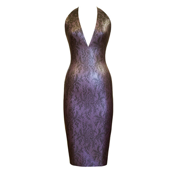 Atsuko Kudo Latex Encounter Open Back Pencil Dress in Pearlsheen Lilac Lace