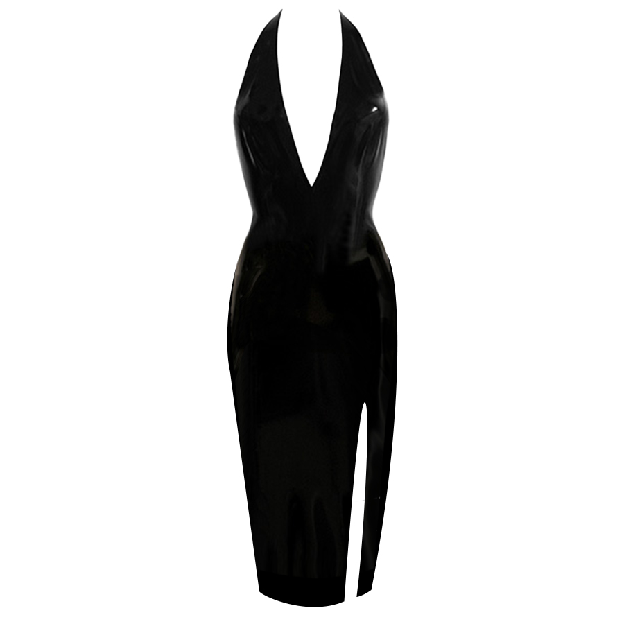 Atsuko Kudo Latex Encounter Open Back Slit Dress in Supatex Black