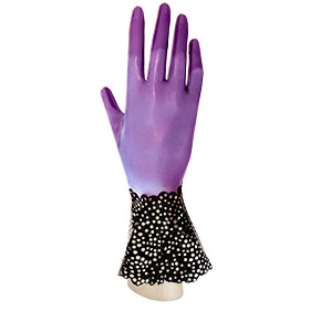 Atsuko Kudo Latex Handmade Flower Filigree Frill Gloves in Semi-Trans Lilac and Black