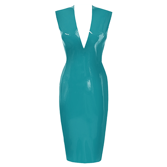 Atsuko Kudo Latex Sleeveless Linde Pencil Dress in Vibrant Turquoise