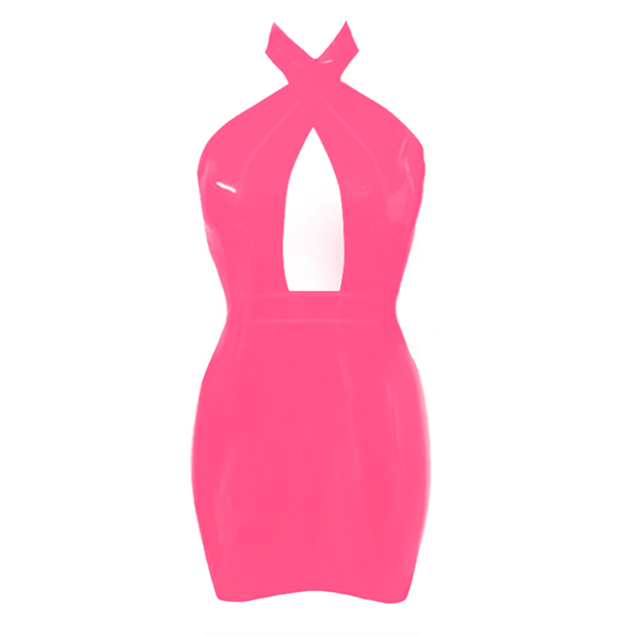 Atsuko Kudo Latex Obsession Twist Neck Mini Dress in Vibrant Bright Pink