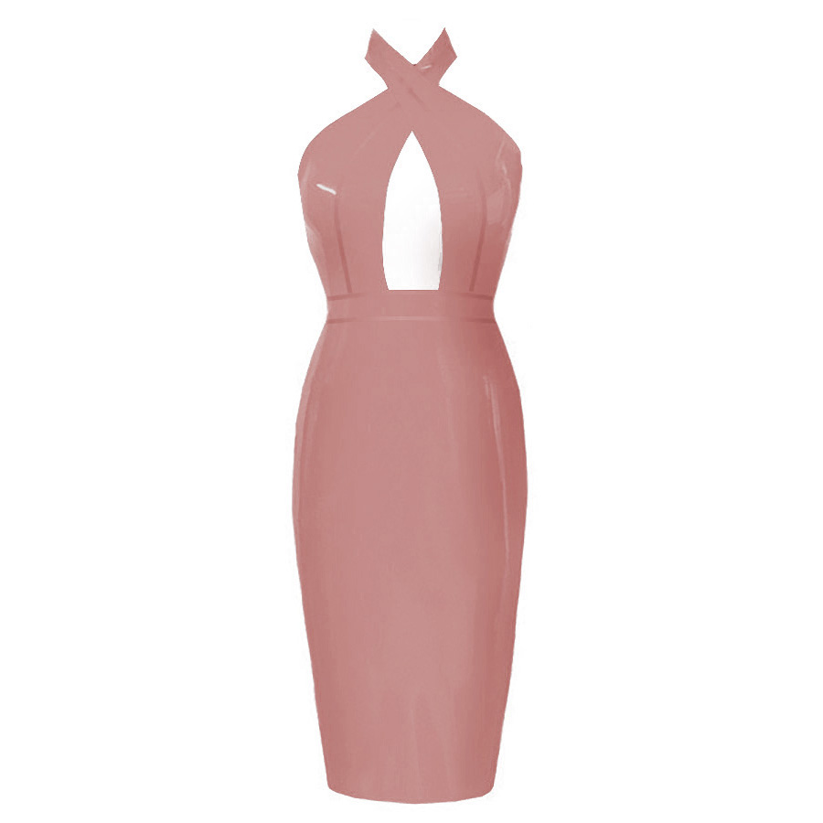 Atsuko Kudo Latex Obsession Twist Neck Pencil Dress in supatex light brown