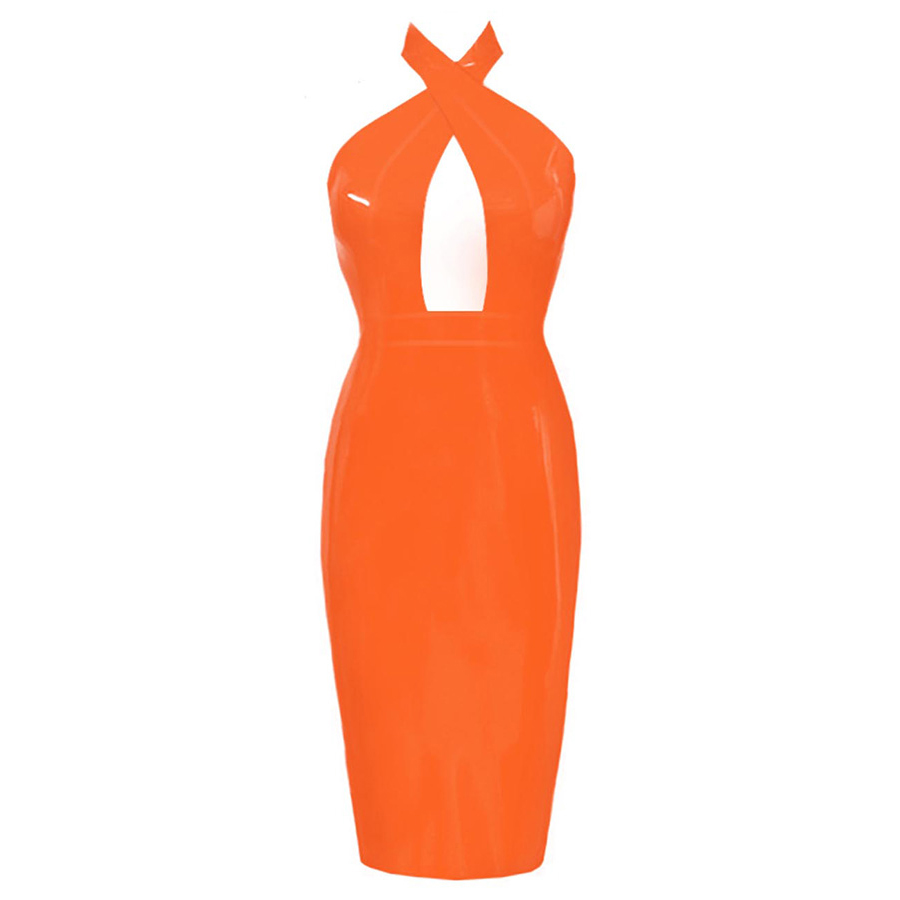 Atsuko Kudo Latex Obsession Twist Neck Pencil Dress in supatex orange