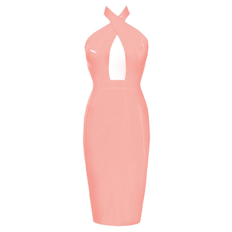 Atsuko Kudo Latex Obsession Twist Neck Pencil Dress in supatex pink