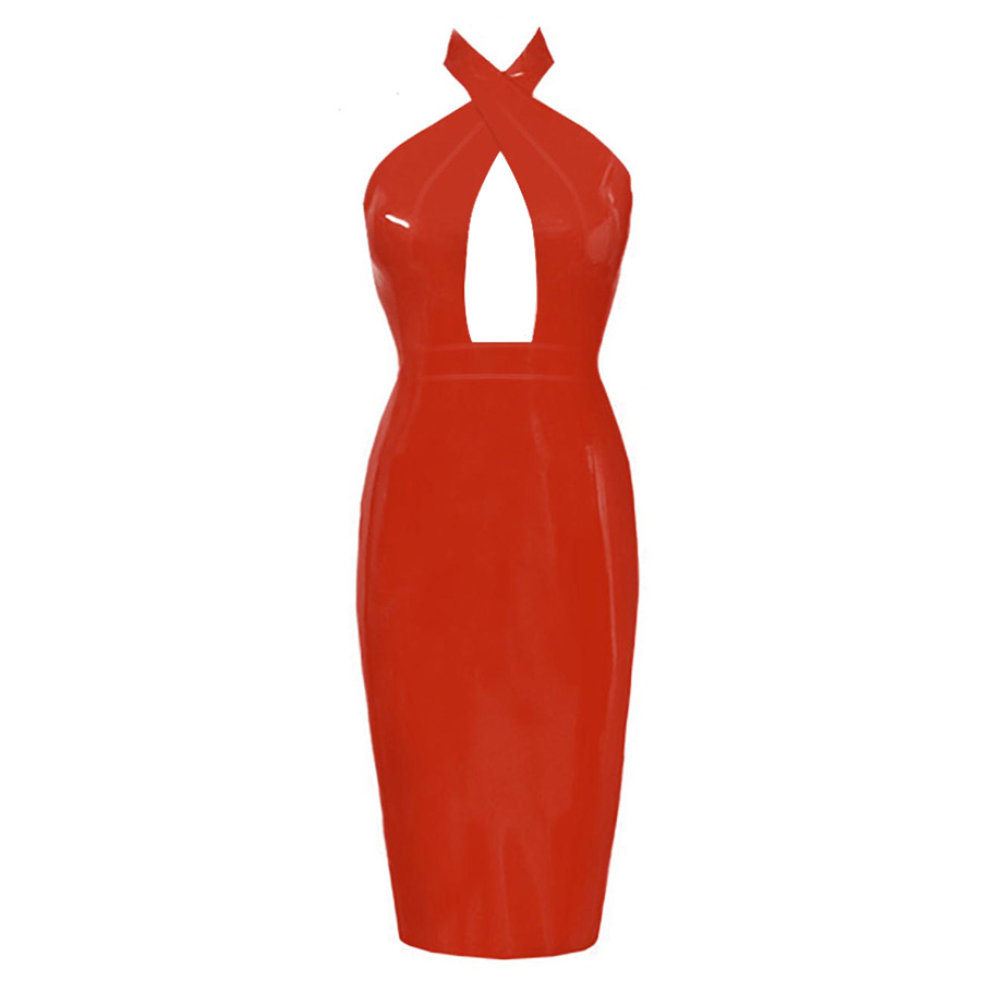 Atsuko Kudo Latex Obsession Twist Neck Pencil Dress in supatex red