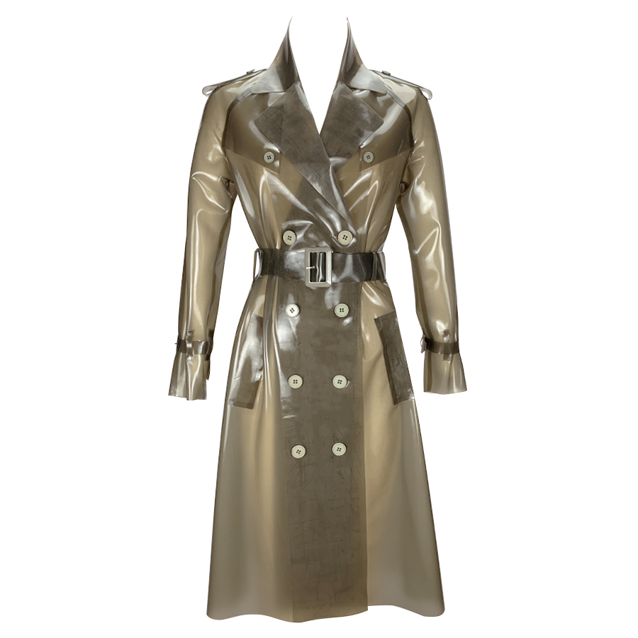 Atsuko Kudo Latex Restricted Calf Length Trench Coat in Supatex Semi-Transparent Cloud Grey