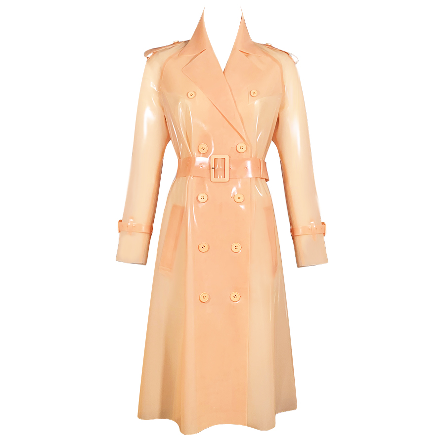 Atsuko Kudo Latex Restricted Calf Length Trench Coat in Supatex Semi-Transparent Peach