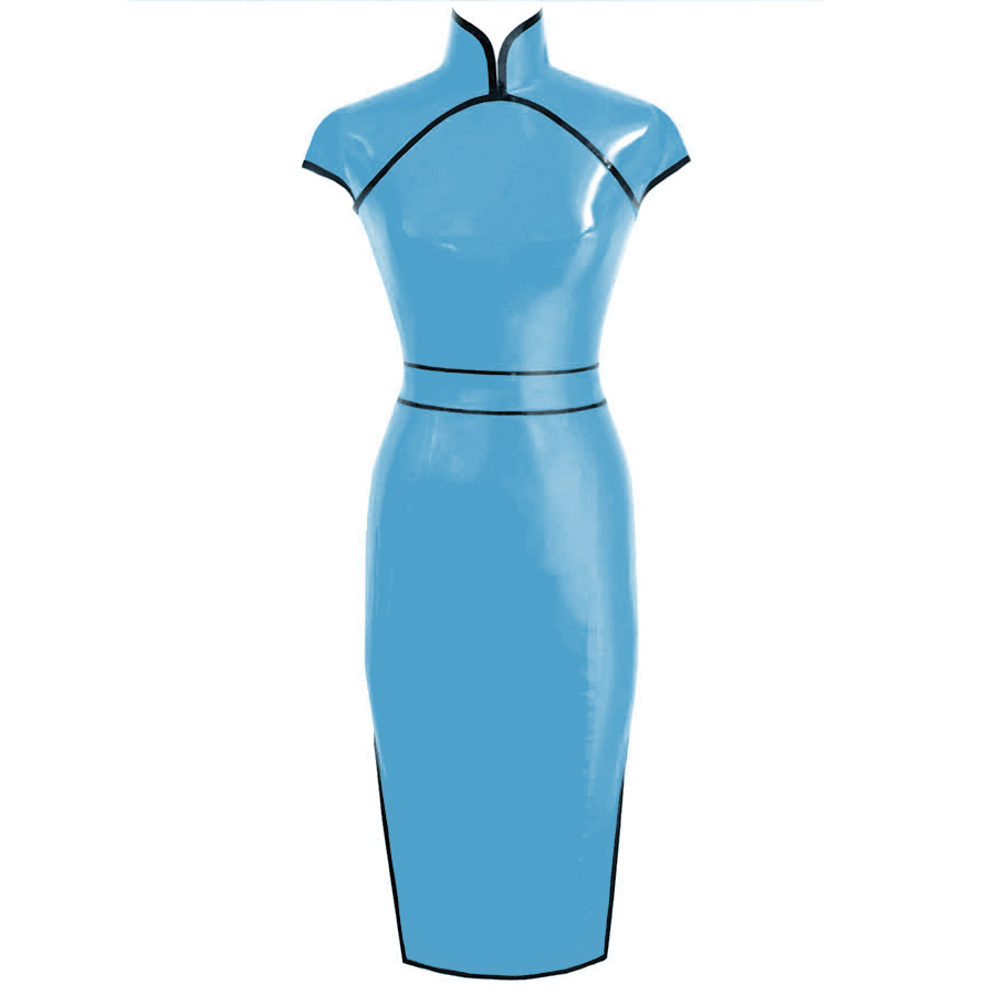 Atsuko Kudo Latex Restricted Cheongsam Dress w/ Belt in Supatex Light Blue