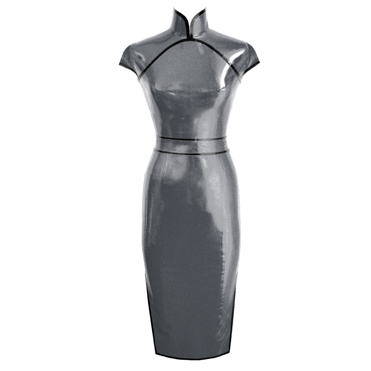 Atsuko Kudo Latex Restricted Cheongsam Dress w/ Belt in Pearlsheen Pewter