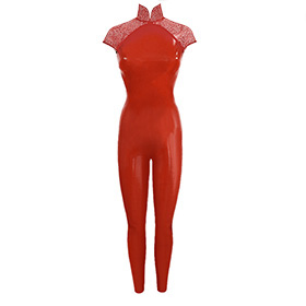 Atsuko Kudo Latex Restricted Cheongsam Catsuit in supatex red