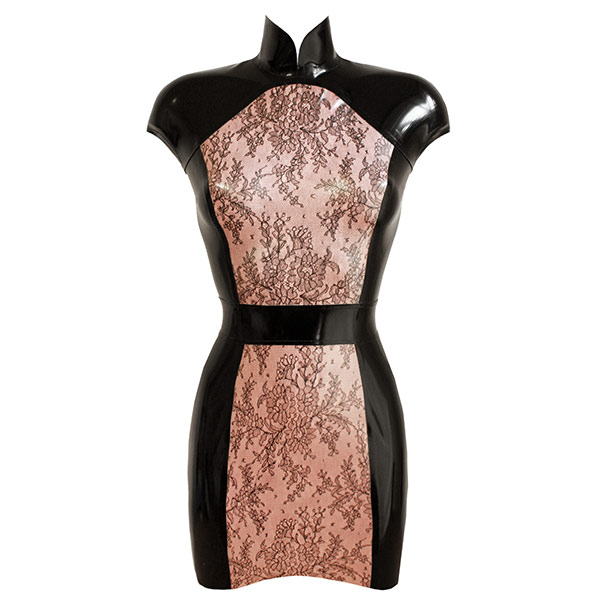 Atsuko Kudo Latex Restricted Cheongsam Mini Dress w/ Belt  in Supatex Black and Semi-Trans Pink Lace