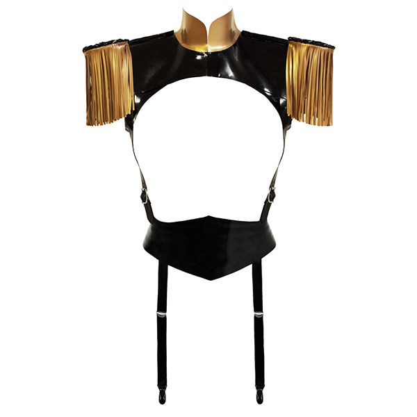 Atsuko Kudo Latex Restricted Epaulette Playsuit in Supatex Black and Antique Gold