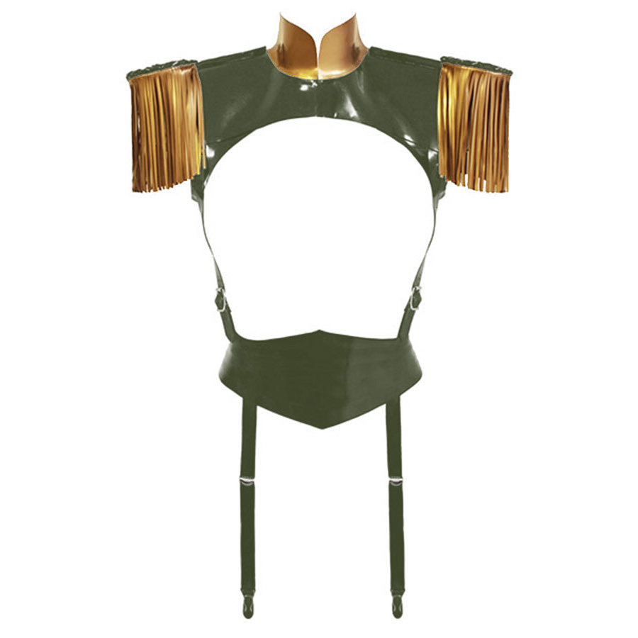 Atsuko Kudo Latex Restricted Epaulette Playsuit in Supatex Olive / Antique Gold