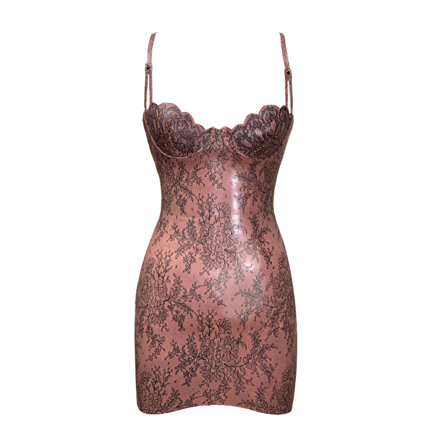 Atsuko Kudo Latex Restricted Scallop Cup Mini Dress in supatex light brown lace